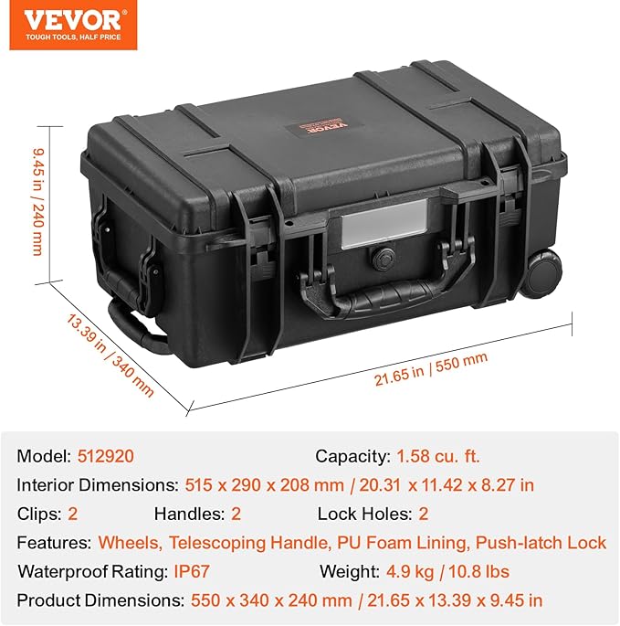 VEVOR Weatherproof Hard Case, Heavy Duty Protective Dry Box with Pre-Cut Foam, Wheels & Retractable Pull Handle for Travel, Hunt, Military, Tactical, IP67 Waterproof Case for Cameras (21.7*13.4*9.5")