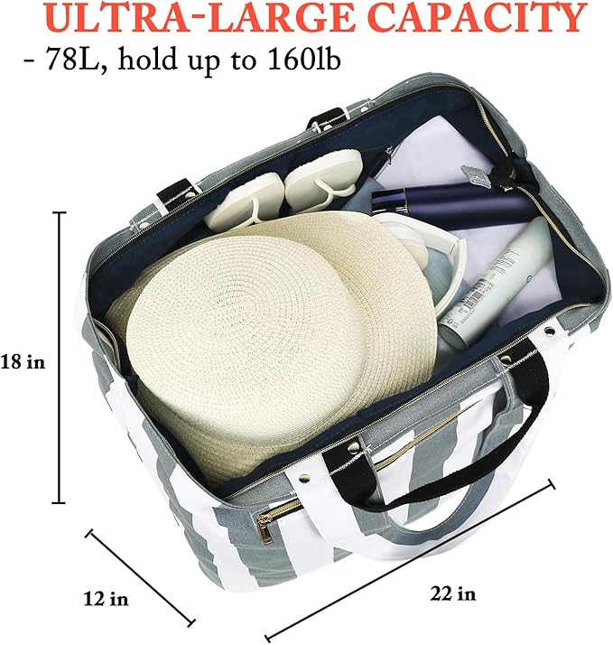 Large Canvas Beach Bag for Women, Beach Bags Waterproof Sandproof with Zipper & Wet Bag Cruise Essentials