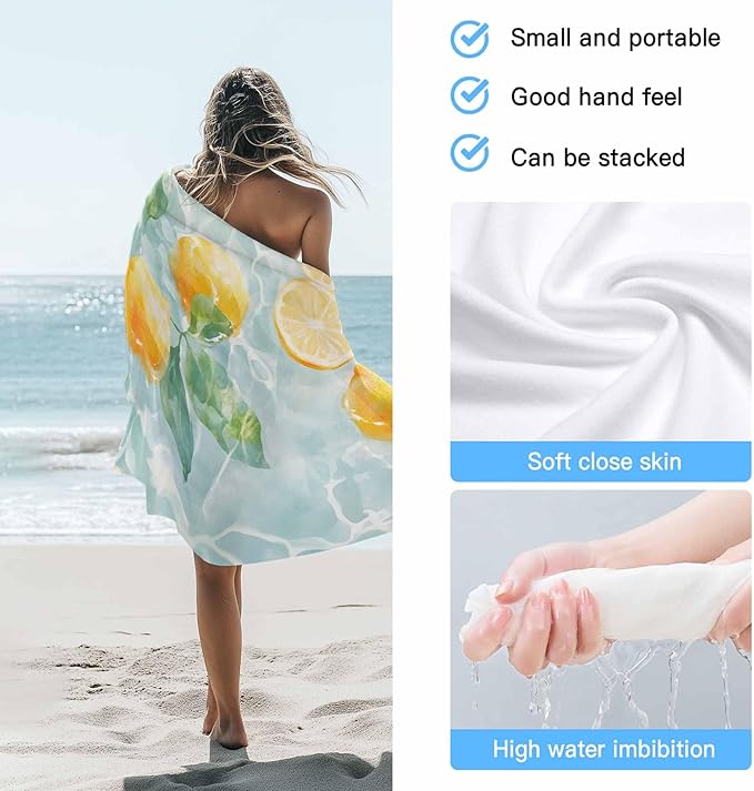 Watercolor Lemon Beach Towel 35" x 71" Summer Fruit Water Waves Lake Quick Dry Sand Free Pool Towels Soft & Absorbent Compact Towels Beach Accessories for Travel Bathroom Swimming Pool