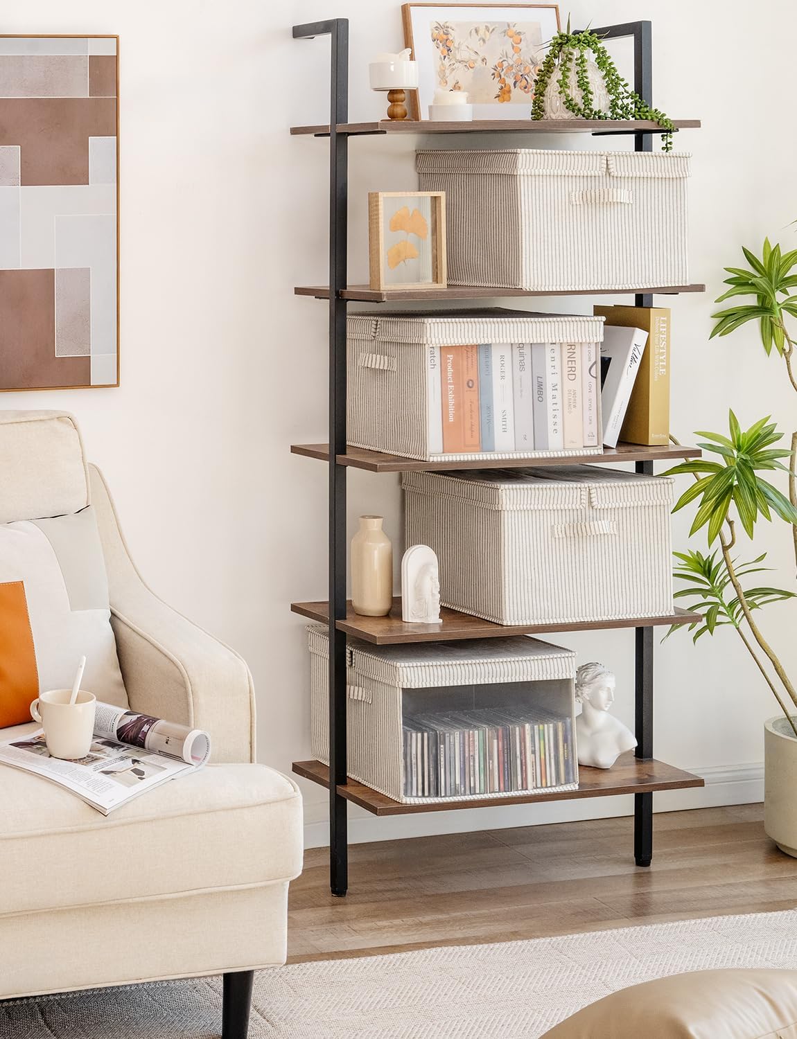 StorageWorks Storage Bins with Lid and Clear Window, Fabric Storage Boxes with Lids, Stackable Basket for Shelves, Closet Organizer and Storage Bins, Khaki and Beige Stripes, Jumbo, 4-Pack