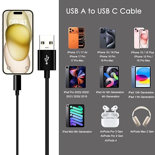 iPhone 15/16/17 Car Carplay Cable, USB A to USB C Cable for iPhone 17Air, 17E/16E, 15/16/17 Pro Max, Plus,iPad 10th Gen,iPad Pro 12.9/11, Air 5th/4th Gen,Mini 6th Gen Charger Cord,Car Charging Cable