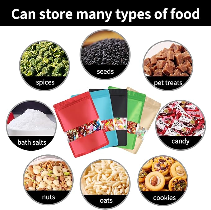 100pcs 5.9"x8.6" Mylar Bags with Matte Window for Food Storage,5 Colors Mixed Smell Proof Bag Resealable Food Storage Bags for Home Small Business, Stand-up Foil Pouch for Packaging Freeze Dried Candy