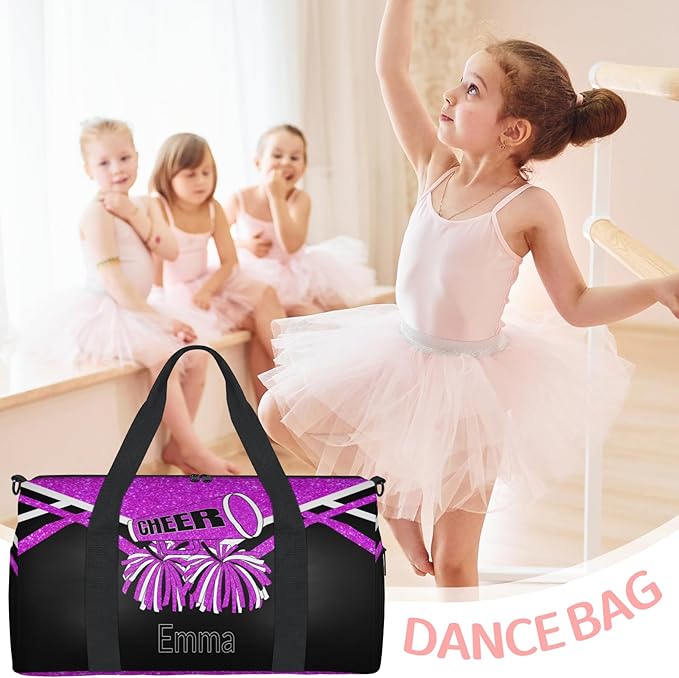 Personalized Dance Gym Bag, Custom Cheer Sport Duffel Large Compartment Cheerleaders Dance Weekender Bags Travel Tote, Bright Purple Glitters Black