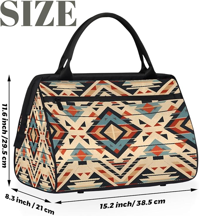 Gym Bag for Women Men, Retro Aztec Geometric Pattern Sports Duffel Bags, Waterproof Travel Weekender Overnight Carry On Tote Bags for Travel Sports