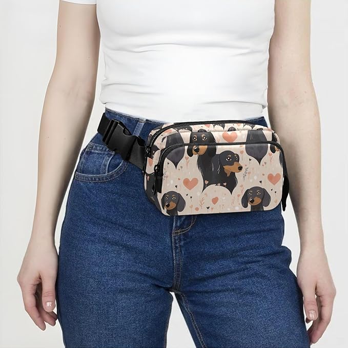 Black Dachshund Dogs Hearts Fanny Pack for Women Men Water Resistant Fashion Waist Packs with Adjustable Strap Belt Bag for Travel Workout Jogging Hiking 21219744