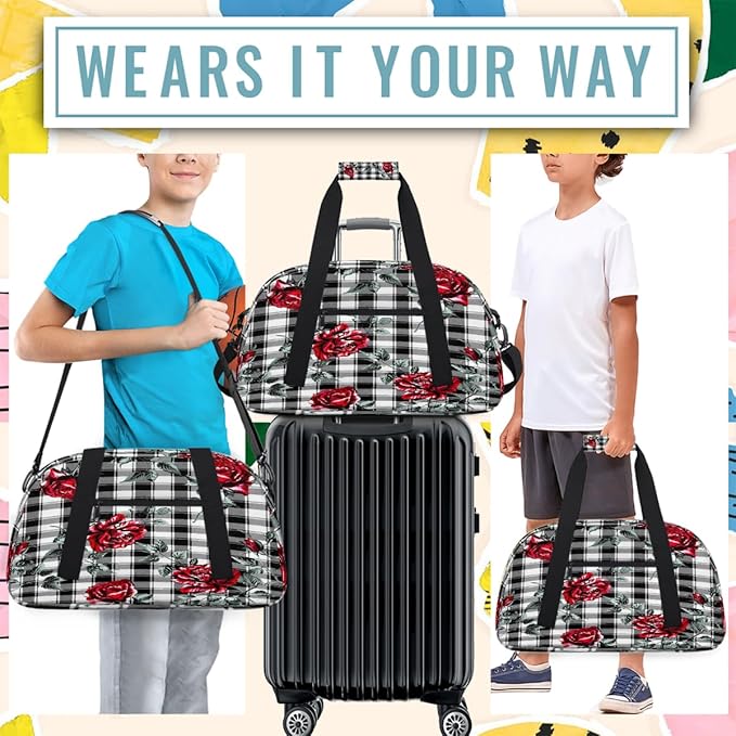 Travel Duffle Bag, Red Rose Black White Plaid Waterproof Weekender Overnight Bags for Women Men Lightweight Carry on Duffle Gym Bag for Travel, Sports, Fitness, Workout