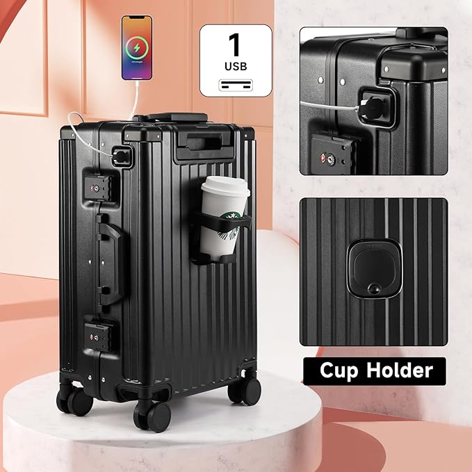 Hard Shell Carry On Luggage 22x14x9 Airline Approved,20 Inch Aluminum Luggage with 100% 3-Layer PC,Carry On Suitcases with Wheels,Cup Holder and USB Port (Classic Black, 20 inch)