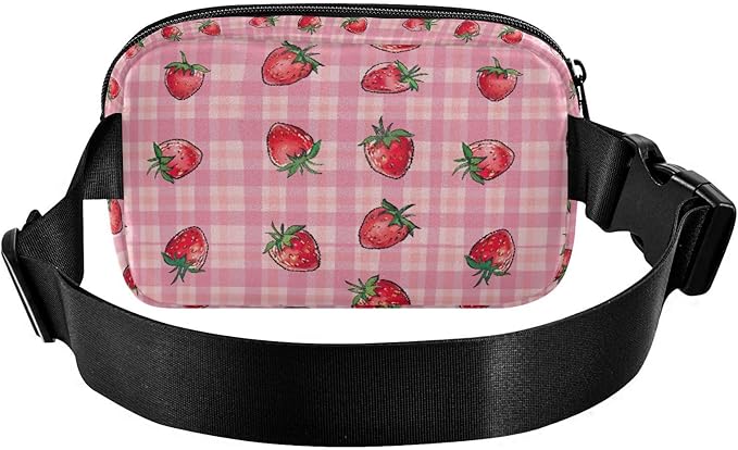 Pink Strawberry Checkered Plaid Fanny Pack for Women Men Water Resistant Fashion Waist Packs with Adjustable Strap Belt Bag for Travel Workout Jogging Hiking 21219342