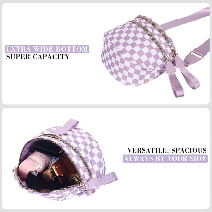 Checkered Crossbody Bag for Women, Spacious Sling & Stylish Bum Bag for Travel, Concerts, Festival, Nylon Fanny Pack Belt Bag (Colour Bum Bag-Purple Checkered)