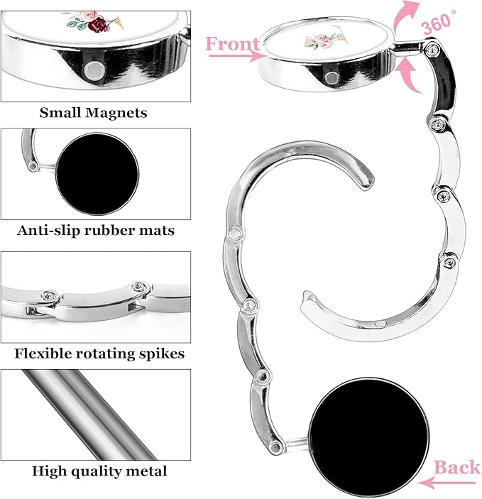 XSUIOY 3Pcs Personalized Initial Foldable Purse Hook for Table,Crushed Flower Letters Folding Purse Hanger,Purse Holder Handbag Hanger Collection Desk Table Bag Hooks Gifts for Women Bag(Pink-L)
