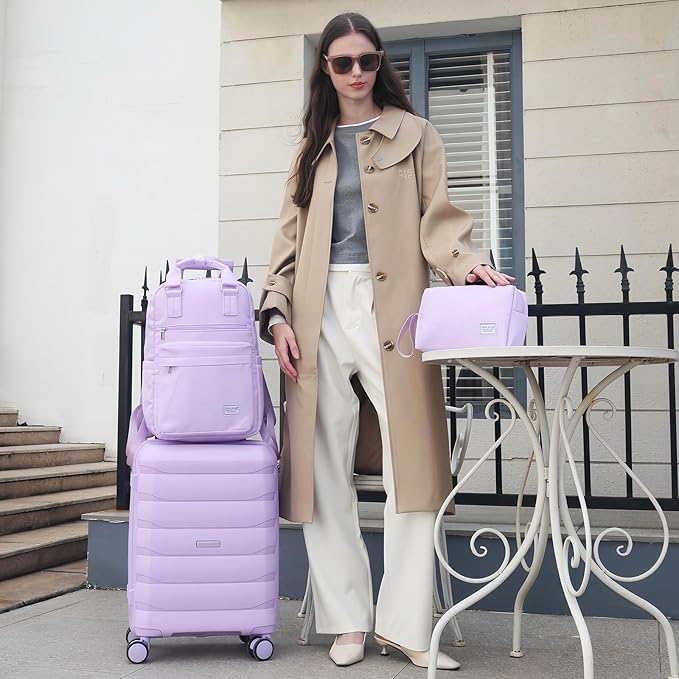 Carry On Luggage 22x14x9 Airline Approved, 22 Inch PP Hardshell Luggage Carry-on Suitcase with Spinner Wheels, Carry On Suitcase Set for Women (Lavender)