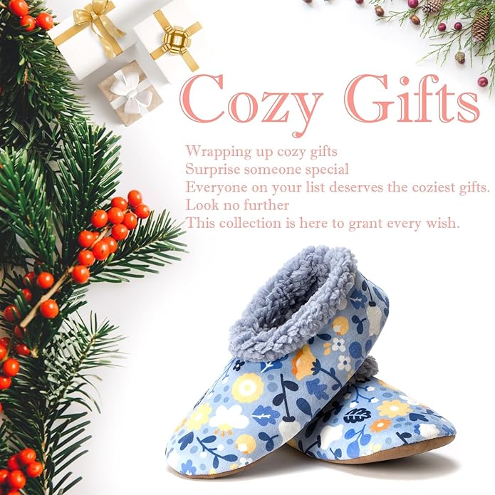 Soft Fuzzy Slippers for Women Indoor, Warm Furry House Sock Shoes Fluffy Lined, Bedroom Booties Non-Slip Gripper Soles, Winter Cozy Christmas Gifts