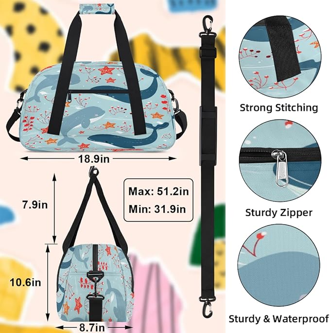 Gym Bag for Women Men, Cute Whale Ocean Pattern Travel Duffle Bags for Dance Ballet Overnight, Carry-On Weekender Bag with Detachable Shoulder Strap