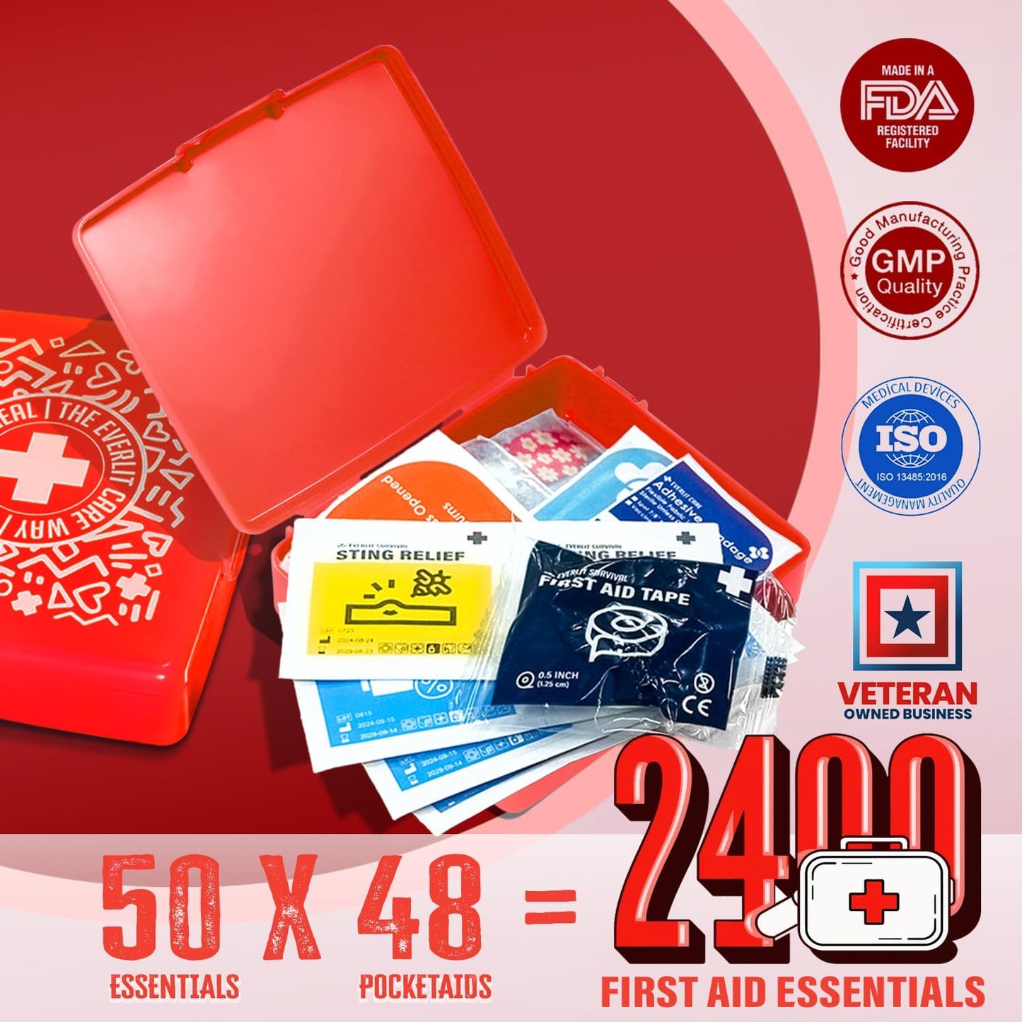 EVERLIT Pocket-Aid Mini First Aid Kit | Compact, Portable Hard-Shell Cases of 50 Items | Cuts, Scrapes, Wound Care Essentials for Travel, Outdoor, School, Camping, Home, Office (48 Packs | 2400 Pcs)