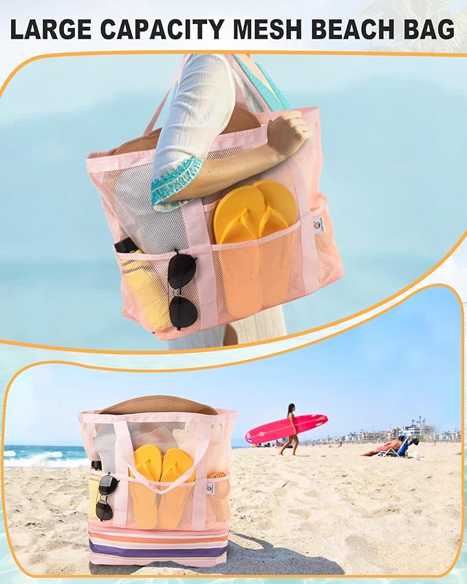 Beach Bag with Cooler, Mesh Beach Bag for Women Cruise Pool, Packable Waterproof Sandproof Travel Tote Bag with 8 Pockets