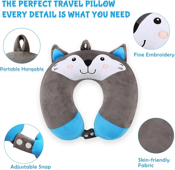 Travel Pillow, Kids Travel Pillow with Sleep Eye Mask Soft Memory Foam Kids Neck Pillow for Boys & Girls, Travel Accessories for Car Airplane Traveling - Wolf