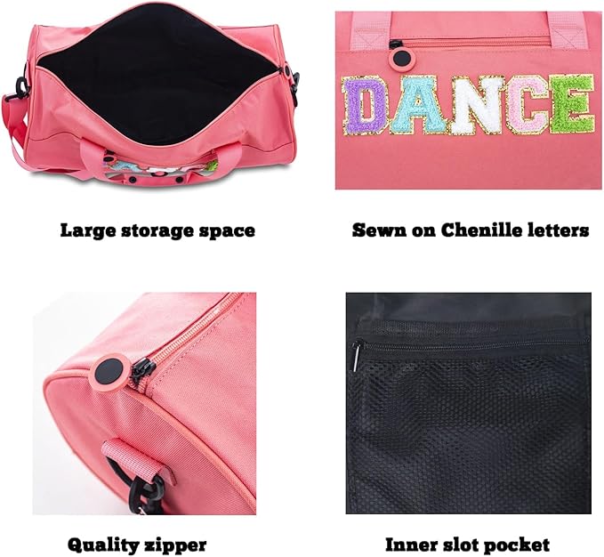 Large Size Dance Ballet Bag for Girls Toddler Teens,Dancing/Gymnastic/Cheer Kids Bag with Chenille Letters,Lightweight Spacious Toddler Duffle Sport Gym Overnight,16.5"Lx9"Wx9"H（Pink)