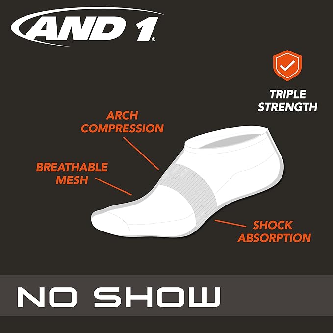 AND1 Mens No Show Socks - 12 Pack Performance Stretch Athletic Compression Socks for Men - Sports Low Cut Socks (6-12.5)