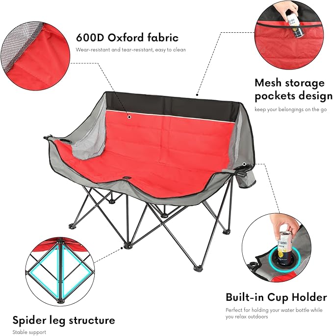 Double Camping Chair Outdoor 2-Seater Oversized 2 Person Portable Folding Lawn Chair with Cup Holders & Mesh Storage Pocket for Picnic, Camping, Beach, Sports, Hiking