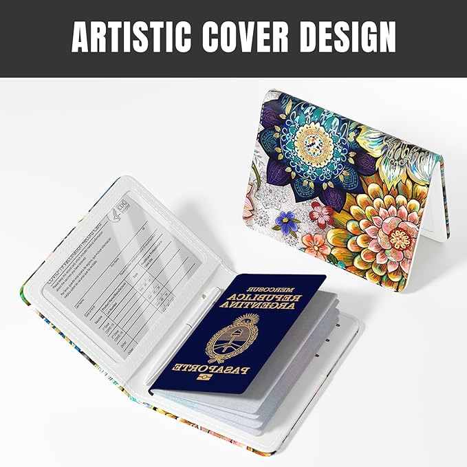 Rimilak Passport Holder, RFID Blocking Passport Cover Wallet Travel Essentials, Leather Travel Air Ticket Documents Organizer Protector for Women and Men, Mandala Flower