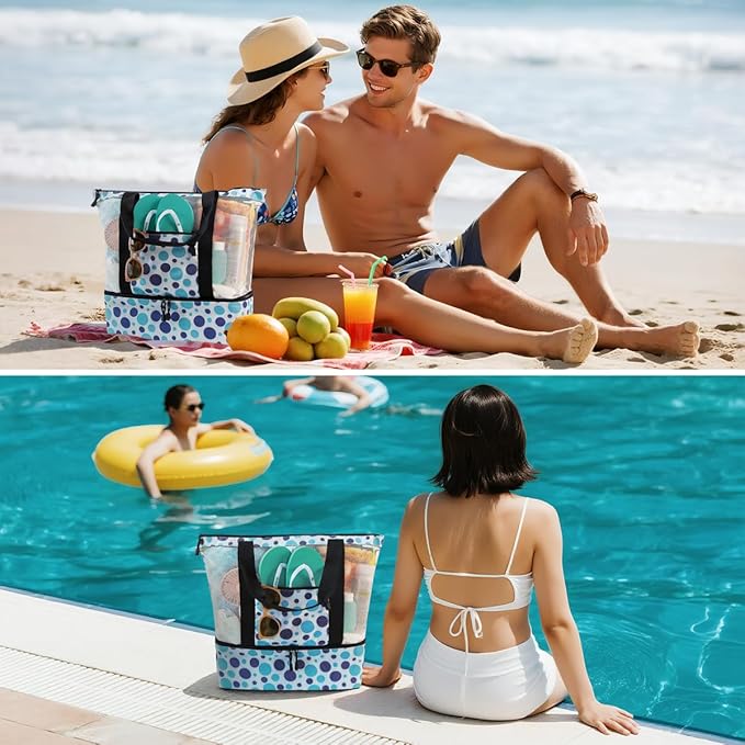 ASL Mesh Beach Bag with Cooler Compartment for Women, 2-in-1 Print Travel Tote 30L with Zipper and Pockets, Pool Picnic