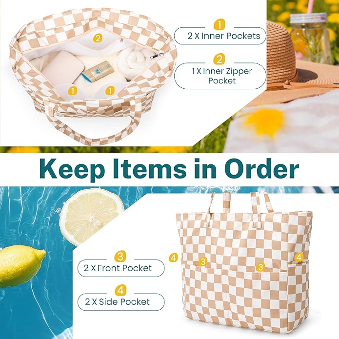 Iioscre Beach Bag for Women, Causal Hobo Pool Bags with Zipper Inner Pocket, Foldable Swim Tote Bag for Vacation Essentials