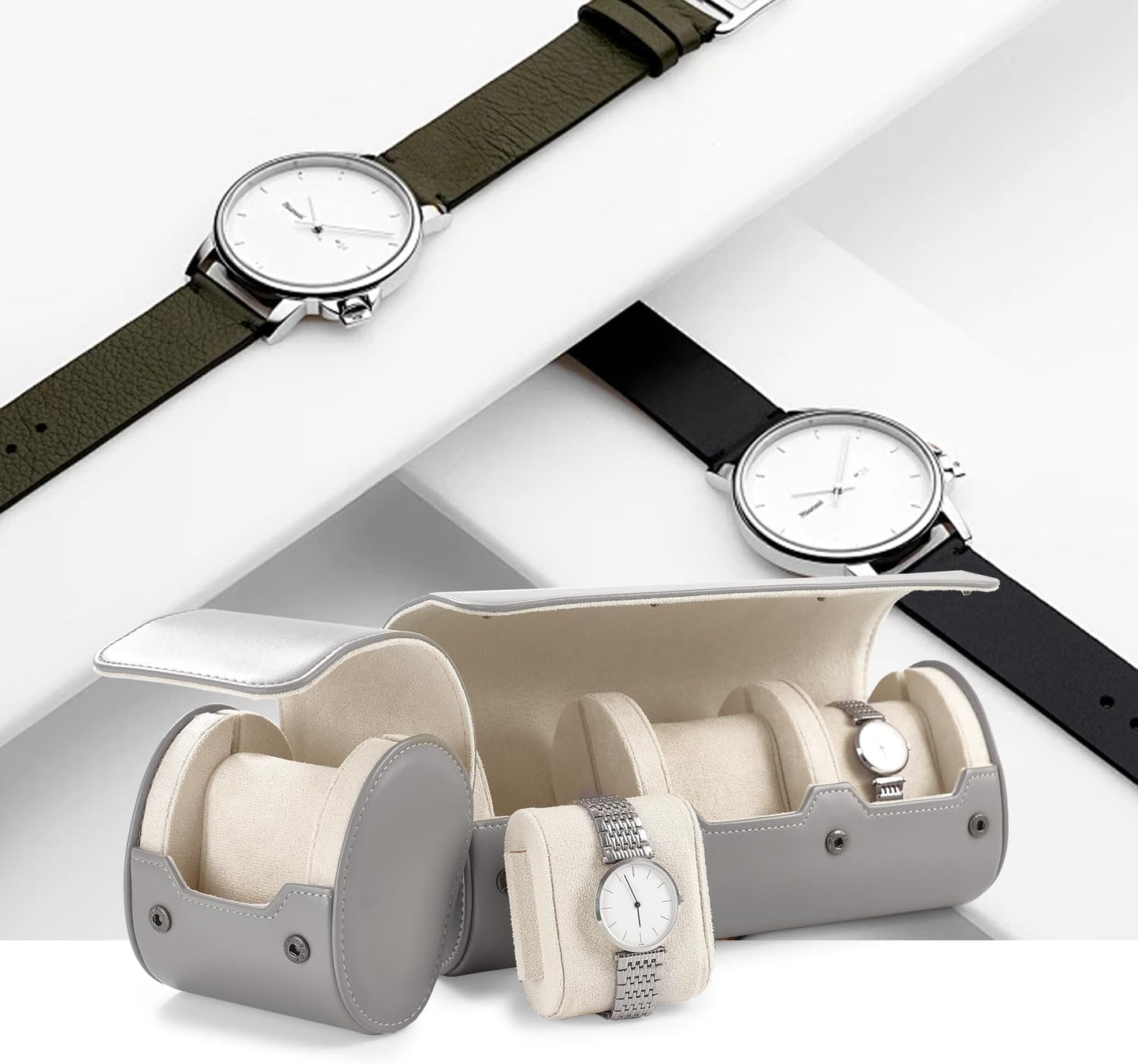 Oirlv PU Leather Watch Box for Mens Watch Organizer Case Jewelry Gift Box for Birthday Fathers Day Anniversary(2 slots, Grey)