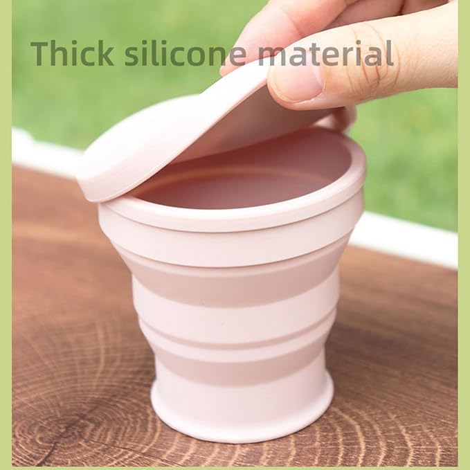 Reusable Foldable Silicone Water Cup, Portable Picnic Snacks Cup, Pocket Size Travel Cup Extensible, Collapsible Cups with Lid for Camping, Travel (Pink with Hook)