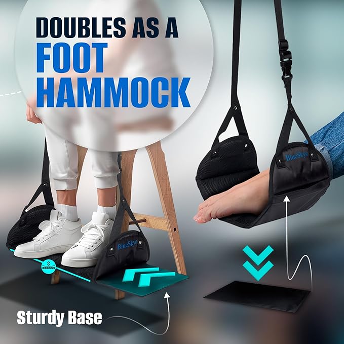 Airplane Foot Hammock for Plane Travel with Flat Base, Airplane Travel Essentials for Long Haul Flying – Foot Rest for use in Car, Office & Home – BlueSkye