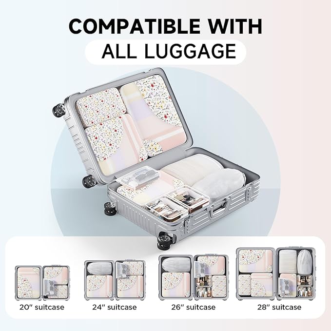 11 Set / 9 Set Packing Cubes for Travel,Gifts for Women Mom Kids,TSA Approved Bags for Makeup, Cosmetic, Toiletry, Organizers for Suitcase Carry On,Cruise Essentials Airplane Accessories,White Floral
