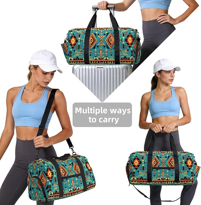 Sports Gym Bag Aztec Print Ethnic Geometrical Pattern Travel Duffel Bag With Shoe Compartment Shoulder Strap, Lightweight Water-Resistant Weekend Overnight Totes For Women Men