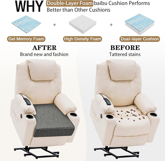 baibu Gel Memory Foam Recliner Cushions with Lumbar Support Pillow for Elderly, 20x20x5 Inch Thick Dual-Layer Design Non-Slip Seat Cushion for Recliner Chair for Reduce Hip & Lumbar Pain, Grey