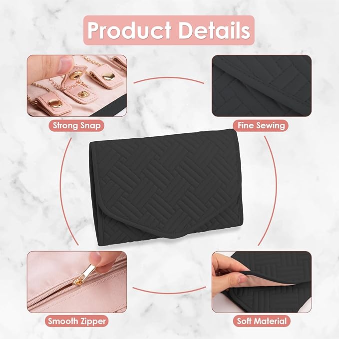 Travel Jewelry Roll Organizer Bag Foldable and Anti-Tangle Jewelry Holder Storage for Rings, Necklaces, Bracelets, Earrings and Accessories, Medium Black