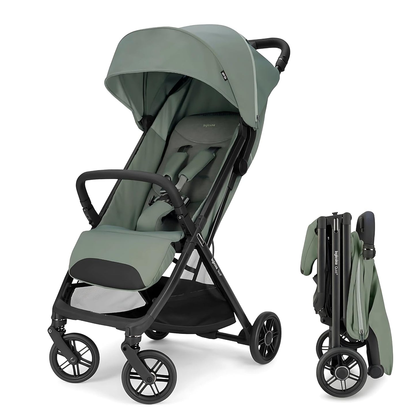 Inglesina Quid³ Stroller, Planet Green - Compact Reclining Travel Stroller for Baby & Toddler 0-55 lbs, One Hand fold, Car seat Compatible, Airplane Overhead, Lightweight, Foldable, XL UPF 50+ Canopy
