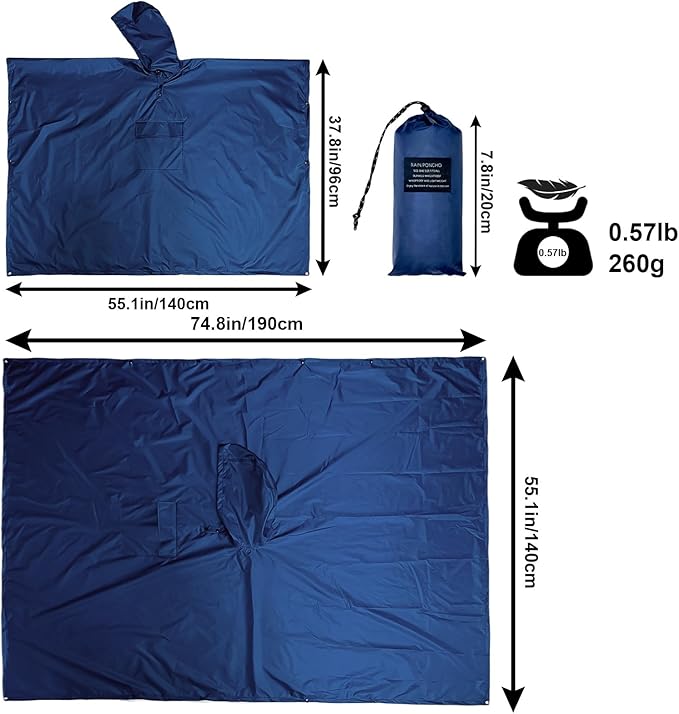 Hooded Rain Poncho for Adults - Waterproof Rain Coat and Lightweight Jacket 3-in-1 Multi-Function with Pockets