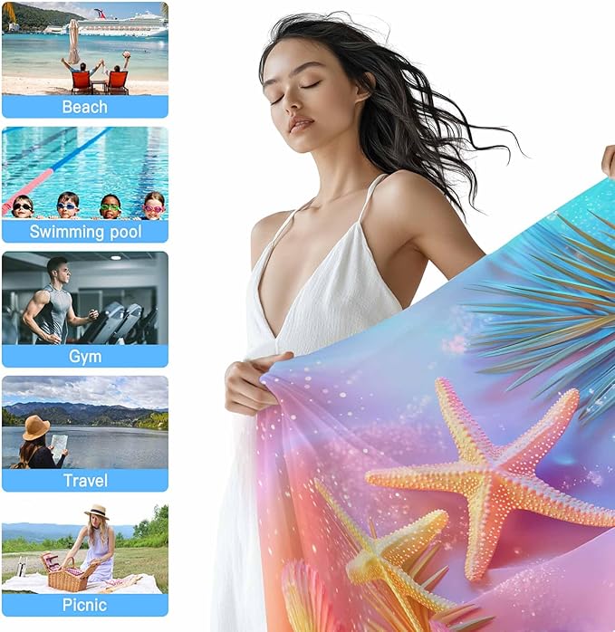 Summer Dreamy Ocean Beach Towel 35" x 71" Starfish Shells Palm Leaves Quick Dry Sand Free Pool Towels Soft & Absorbent Compact Towels Beach Accessories for Travel Bathroom Swimming Pool