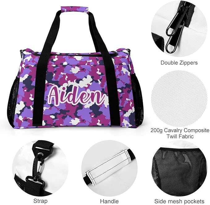 Handheld Crossbody Multifunctional Travel Bags, Personalized Duffle Bags, Camouflage Purple Fuchsia Camo Pattern Luggage Bag, Custom Weekender Overnight Bags