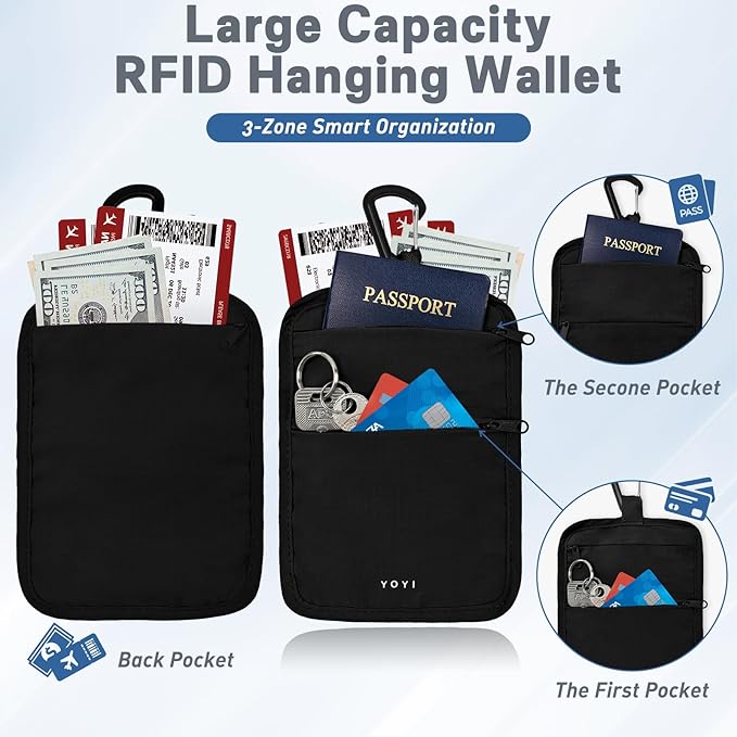 RFID Hidden Travel Wallet Belt Wallet – Large Capacity Passport Holder & Hidden Money Pouch, 3-Zone Organizer Anti-Theft Waist Wallet with Dual Clip Belt & Carabiner
