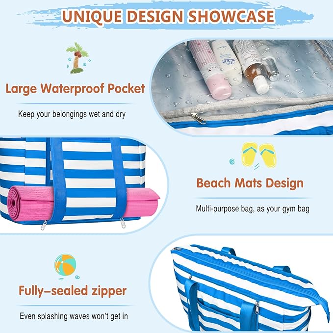 Extra Large Beach Bags for Women, Waterproof Sandproof Beach Tote Bag Foldable Swim Pool Bag with Zipper and Wet Pocket