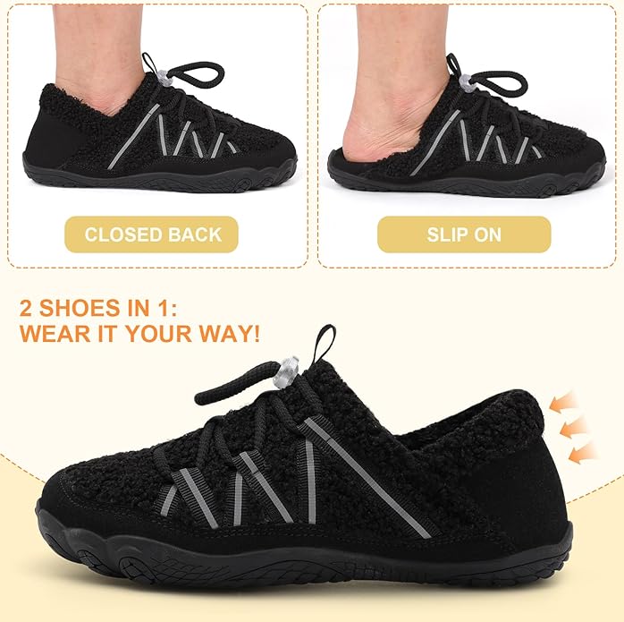 relxfeet Women's Wide Width Slippers Cozy Furry Barefoot House Shoes with Adjustable Fit Non-Slip Indoor Outdoor Slippers for Diabetic Bunion Swollen Feet Friendly