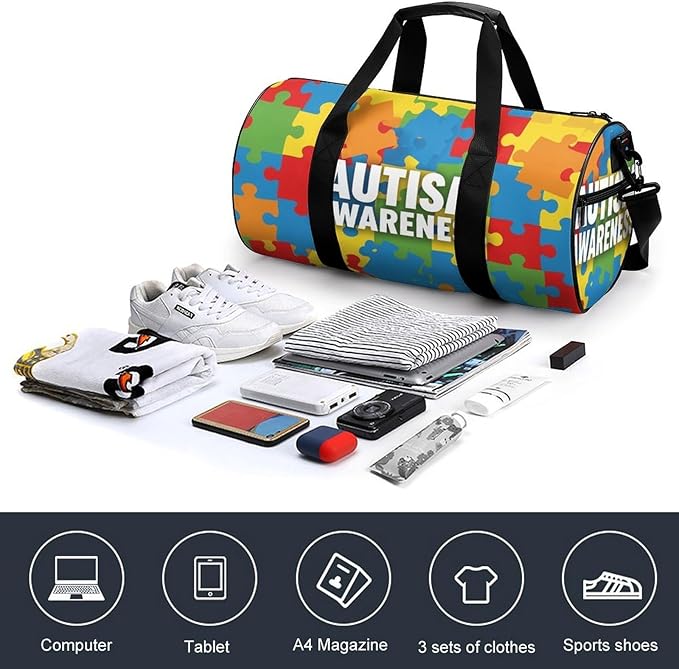 Lightweight Travel Sports Carry On Bag Autism Awareness Colorful Puzzles Basketball Football Weekender Bag Sport Gym Fitness Tote
