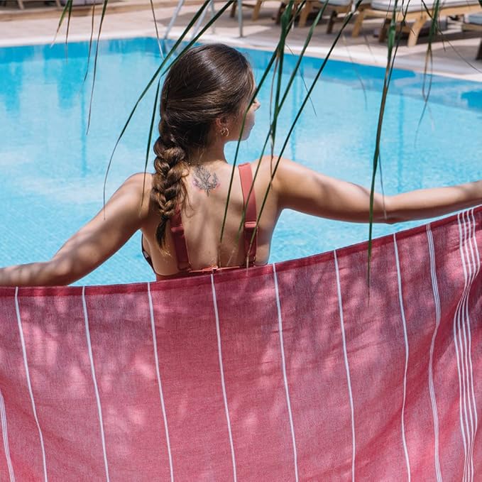 Hencely Turkish Beach Towel 37x68 Oversized, Sand-Free, Quick-Dry, Lightweight - Travel Essential for Pool & Bath - Striped 100% Cotton Bathroom Towels Accessories Gift (Pink)