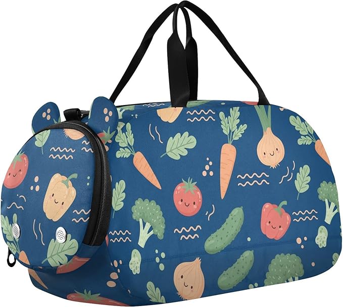Cartoon Vegetables Blue Print Kids Sports Duffle Bag for Boys Girls Toddler Weekender Overnight Bag with Shoe Compartment & Wet Pocket Travel Foldable Bag for Sport Dance Travel Gym