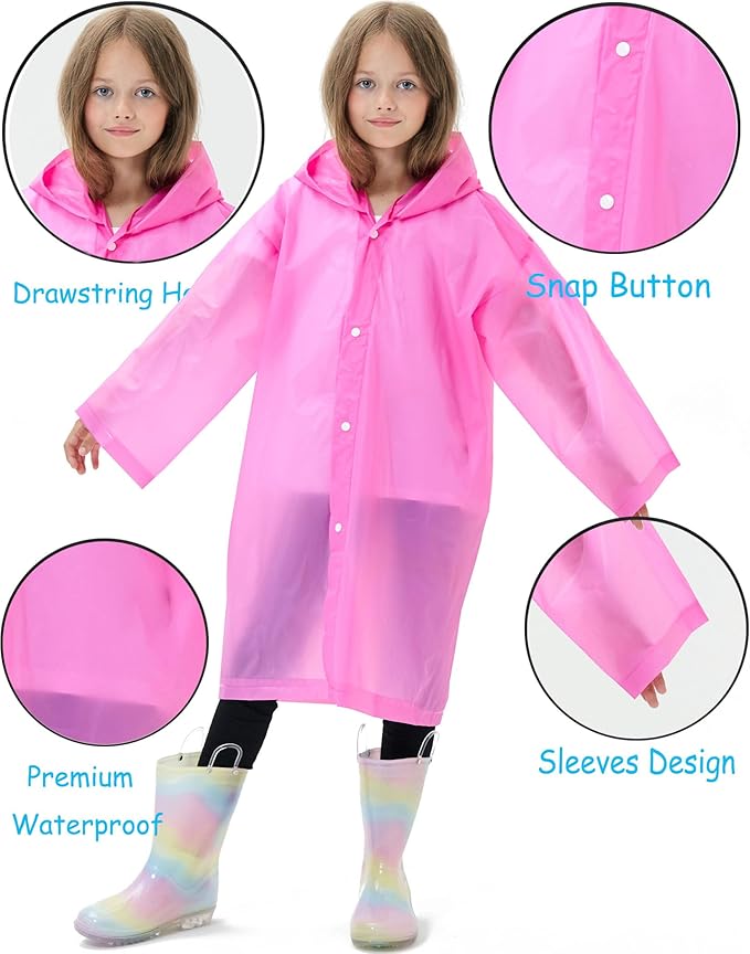 2 Pack Reusable Waterproof Raincoat EVA Emergency Rain Ponchos One Size Rain Jacket for Children, Boys and Girls