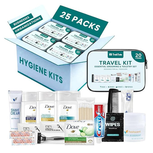 TrekTote 20 Piece Hygiene Kit Bulk, Travel Size Toiletries Set, Homeless Care Package Supplies, Mini Deodorant Shampoo Body Wash Toothbrush Toothpaste Razor Kit, TSA Approved, Clear Bag