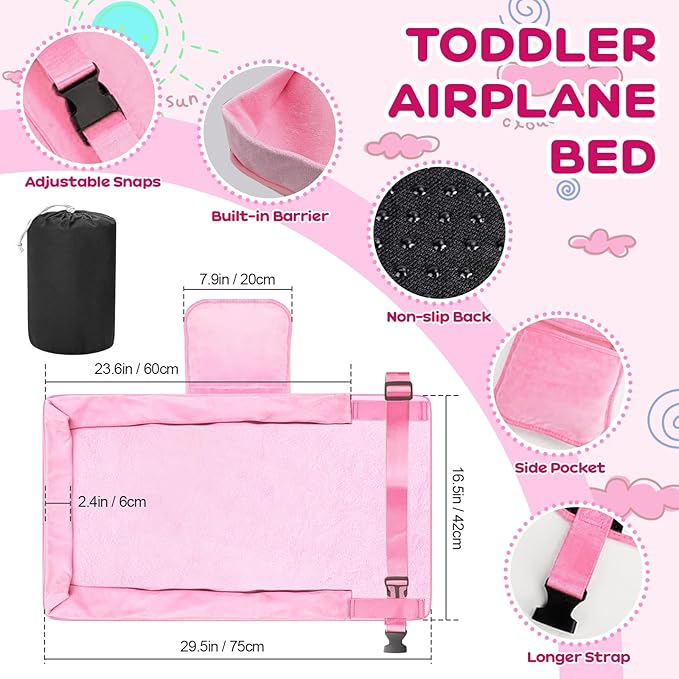 omzer Toddler Airplane Bed - Airplane Seat Extender for Kids - Barrier Designed Flyaway Kids Bed Airplane with Pockets - Portable Plane Bed Foot Rest for Flights Travel Essentials Pink