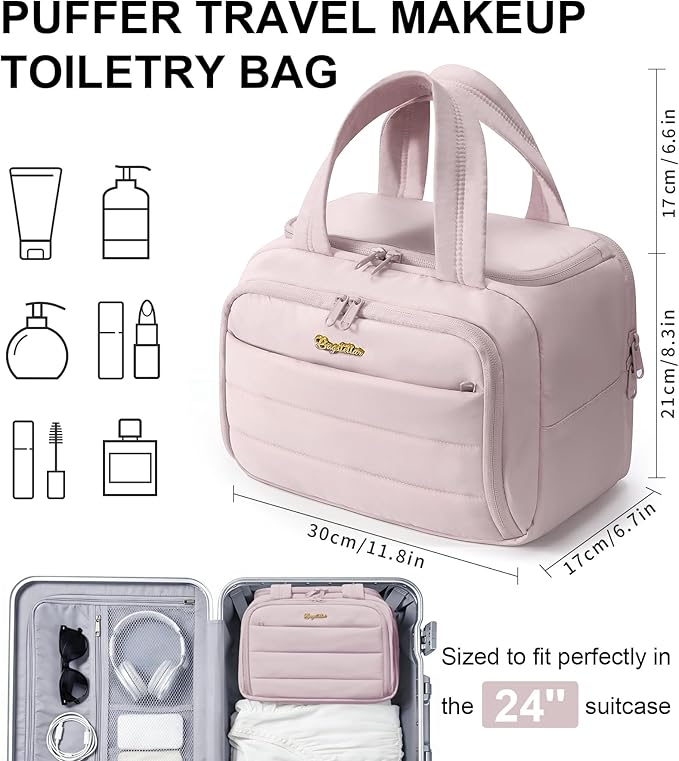 Travel Toiletry Bag for Women, Lightweight Large Quilted Puffy Makeup Bag Wide-open Make up Organizer Cloud Cosmetic Bag w/Handle for Traveling Toiletries Essentials Accessories Light Pink