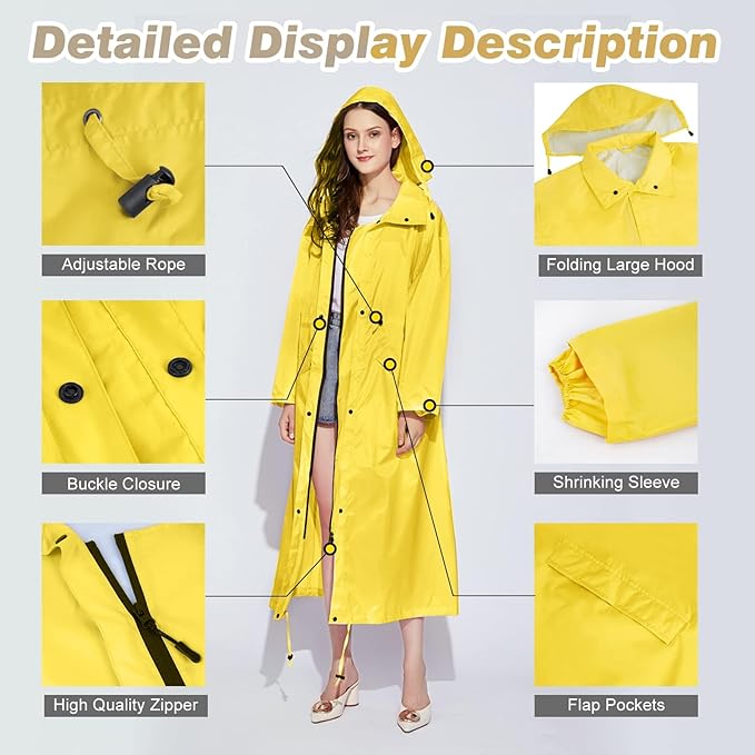 LAMA Womens Long Raincoats Rain Jacket Waterproof Packable Hooded Windbreaker Lightweight Adjustable Waist for Outdoor