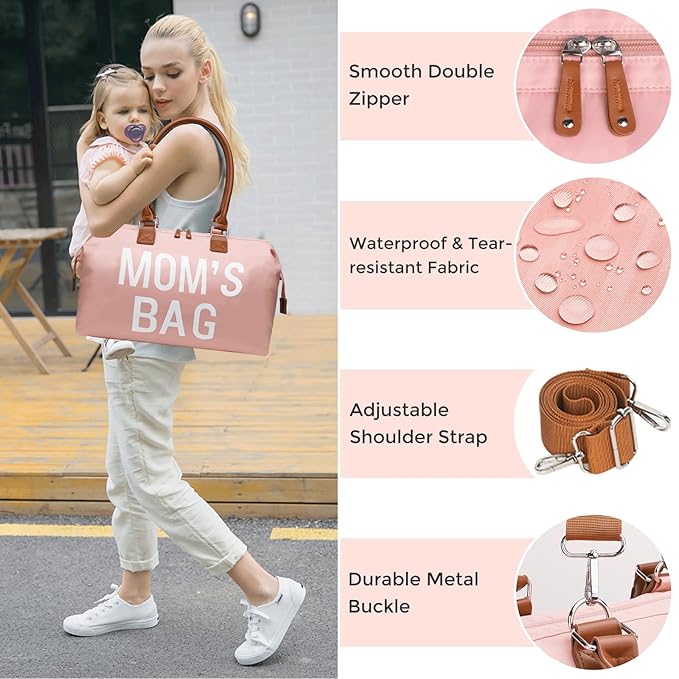 printe Mommy Diaper Bag Tote for Girls with 2 Organizer Pouches, Large Capacity Mom's Bag for Hospital and Weekender Travel, Pink