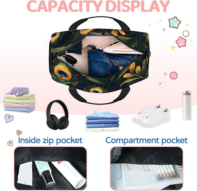 Peacock Feather Design Travel Duffle Bag for Women Men, Overnight Weekender Bag, Carry on Tote for Sport Gym